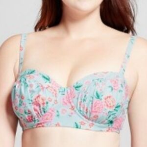 Xhilaration Aqua Floral Ruched Underwire Bikini Top, Sz 26W